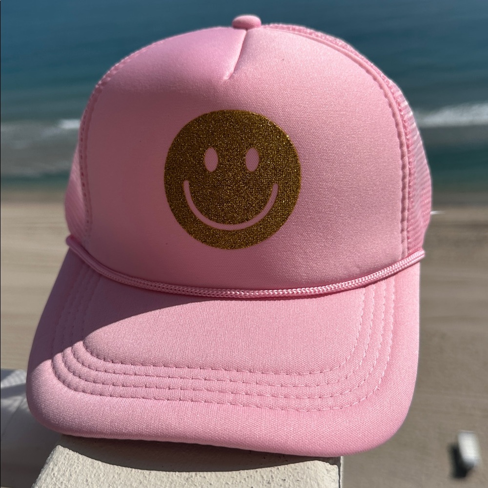 Pink HAPPY FACE - Trucker Hat with Gold Smiley Face
